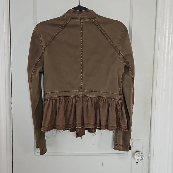 Free People Ruffle Hem Military Jacket- Olive Green -S - Picture 2 of 11